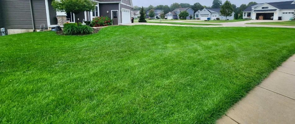 Lush, green grass in East Lansing, MI, with a plant.